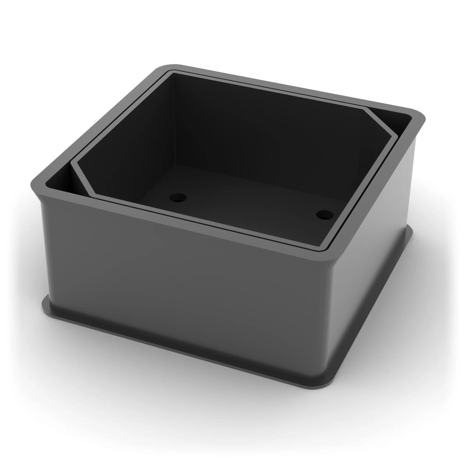 Recessed rodding cover kit in black PETG, lid seated in the frame, showing the empty infill tray with two weep holes in the tray floor